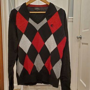 Express Argyle V-Neck Black Knit Lightweight Sweater